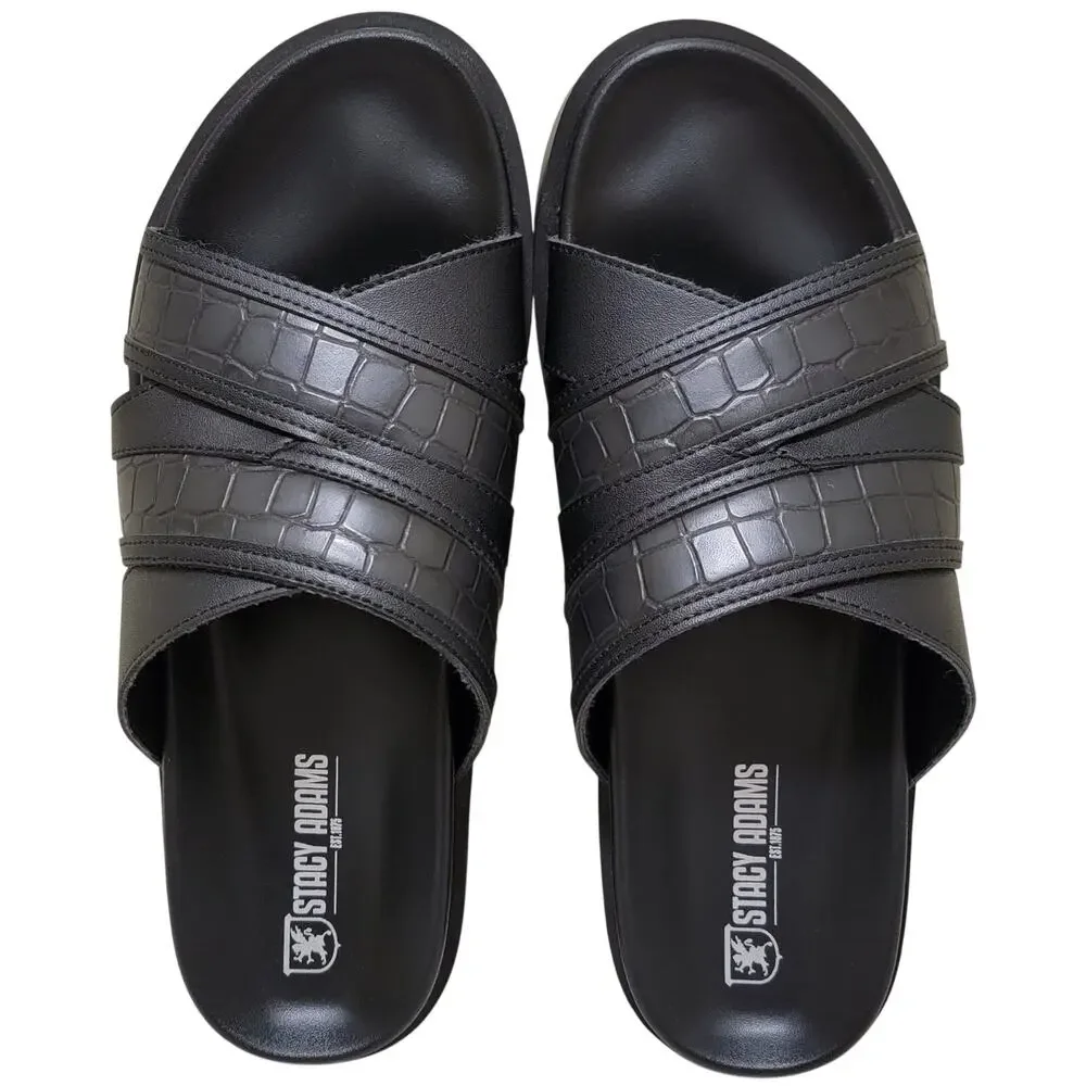Stacy Adams Men Mondo Cross Strap Slide Sandals Size US 8M Black Croco Print